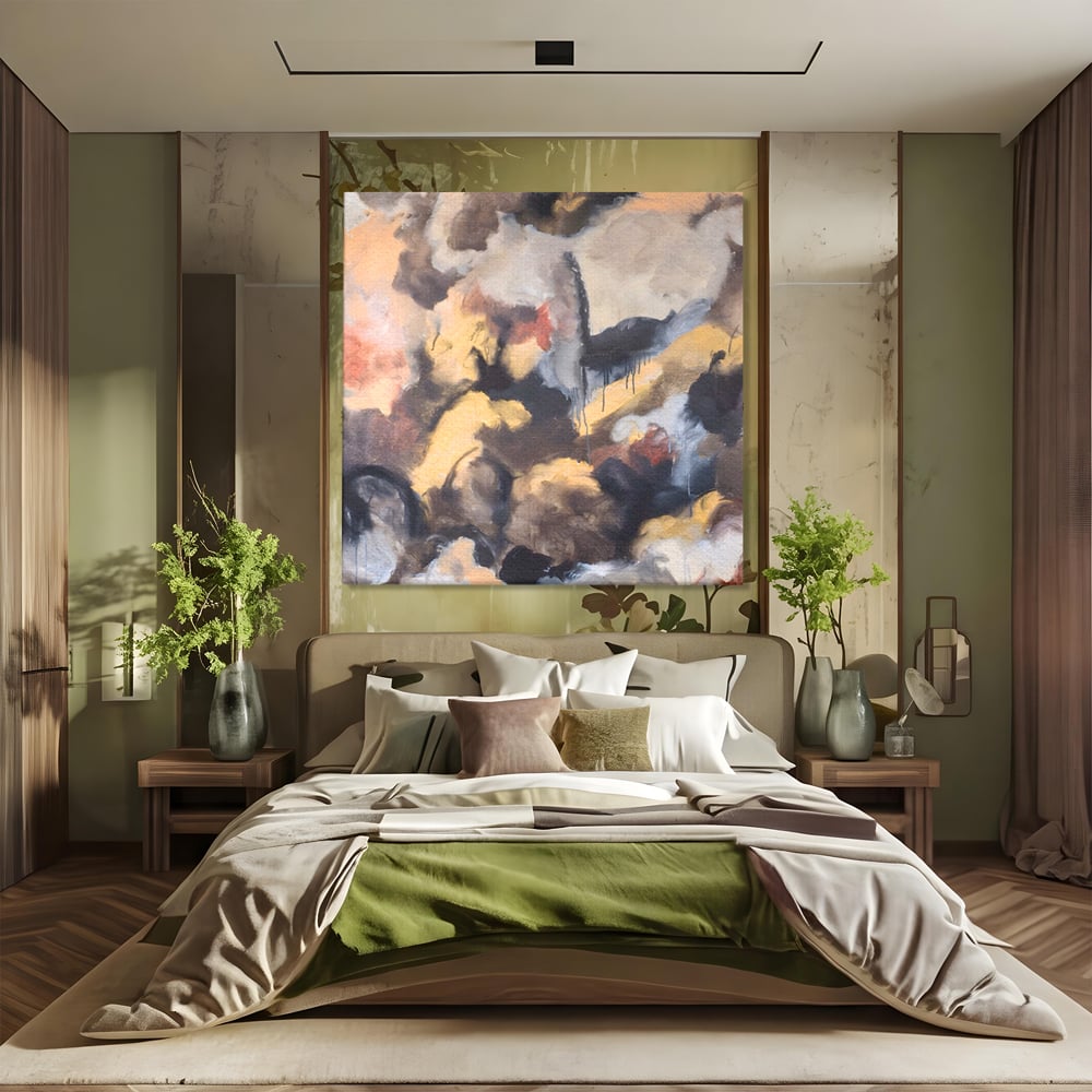 Tablou canvas cu pictura abstracta cu pete de culoare, fara rama, pe sasiu de lemn, pe perete intr-un dormitor